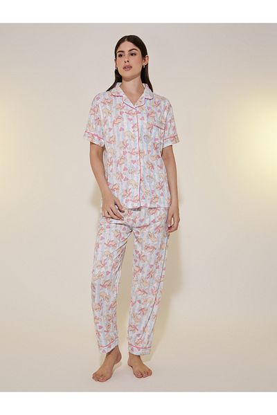 Styli Cat Printed Short Sleeve Shirt, Shorts and Pyjama Set