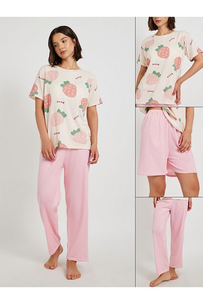 Styli 3-Piece Strawberry Printed Short Sleeve T-Shirt, Solid Shorts and Pyjama Set