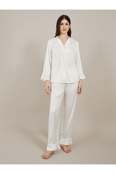 Styli Satin Butterfly Print Long Sleeve Pajama Set