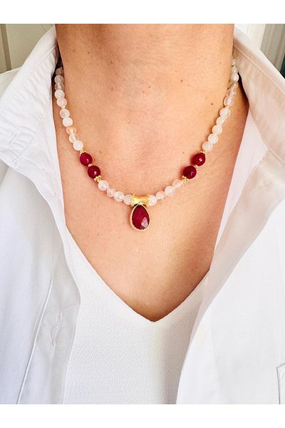DEVİ fashion Agate and Quartz Natural Stone Necklace 45 cm