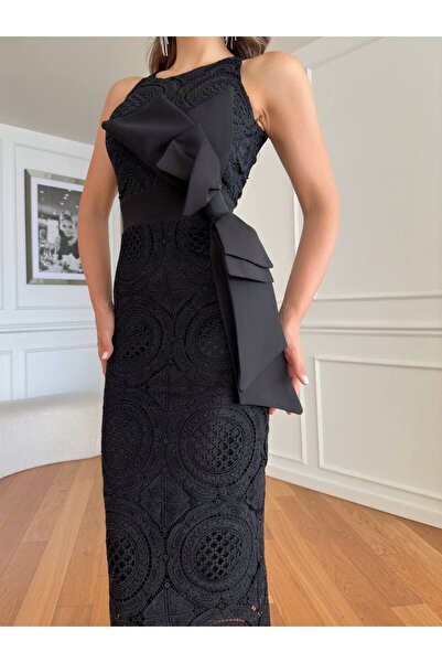 Genel Markalar Zarif Fiyonk Detaylı Dantel Midi Abiye Elbise