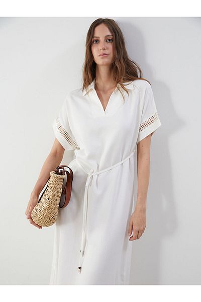 LC Waikiki Ecru Shirt Collar Linen Blended Dress