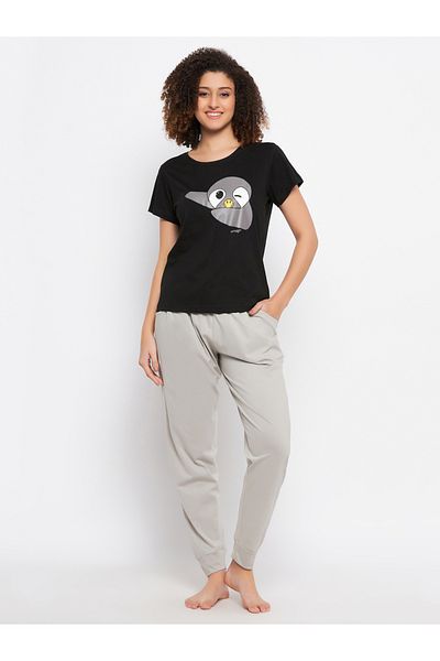 Clovia By Styli Cotton Penguin Graphic Print T-Shirt and Solid Jogger Set