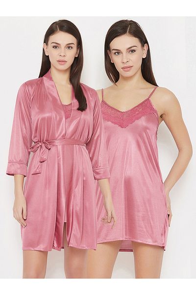 Clovia By Styli Lace Insert Slip Dress and Robe Set