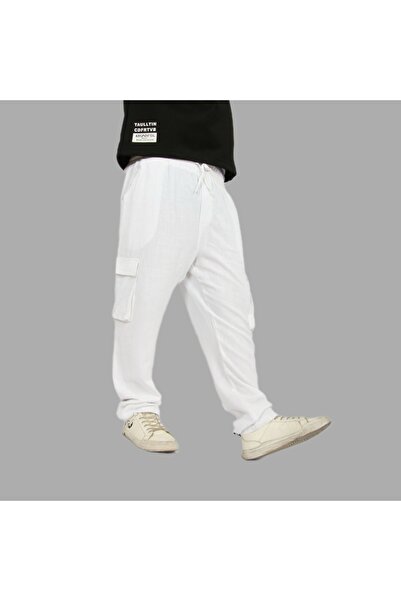 ALANAQA بنطلون اوفر سايز كتان مع جيوب جانبية