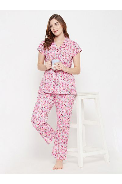 Clovia By Styli Cotton Floral Print Button Down Shirt and Pyjama Set