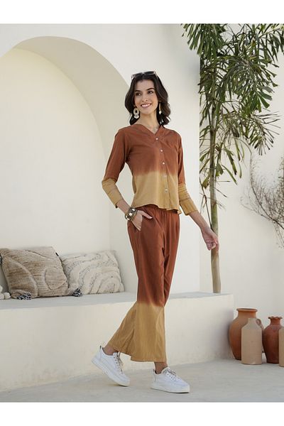 Sanskrutihomes By Styli Dip Dye Printed Cotton Shirt and Pyjama Set