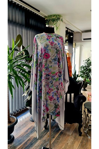 makbuleofficial Floral Print Batwing Sleeve Swimsuit Top Silk Satin Tunic