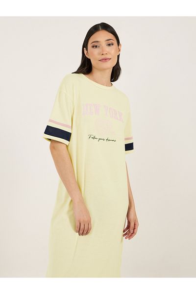 Styli Graphic Print Stripe Sleeves Ruffle Hem Sleep T-Shirt Dress