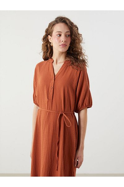 LC Waikiki Orange Scoop Neck Textured Balloon Sleeve Muslin Dress