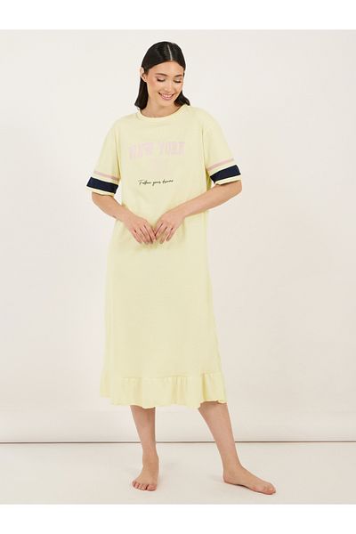 Styli Graphic Print Stripe Sleeves Ruffle Hem Sleep T-Shirt Dress