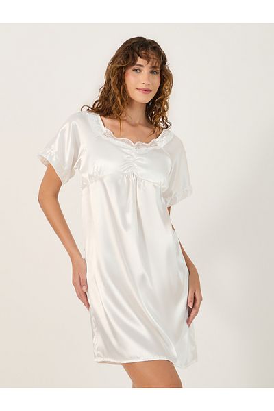 Styli Satin Lace Trim Gathered Detail Night Dress