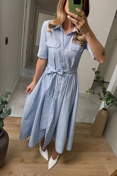 Sue Store Μπλε Λευκό Ριγέ Φόρεμα Πουκάμισο με Ζώνη με Τσέπες Maxi