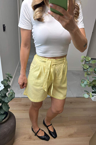 Sue Store Λινό σορτς Butter Yellow Premium με ζώνη