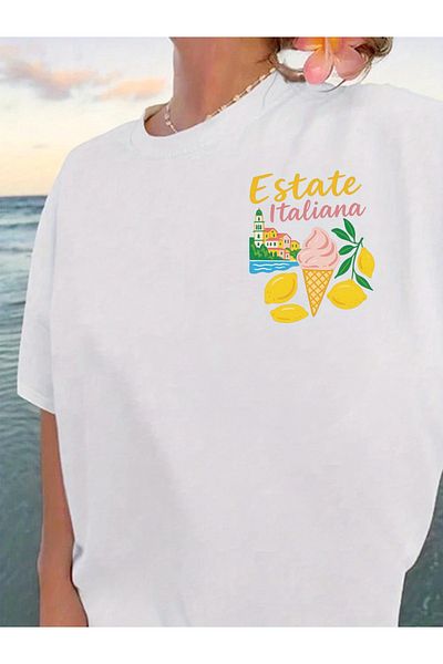 AEMİ Γυναικείο μπλουζάκι Estate Italiana με στάμπα Oversize Crew Neck