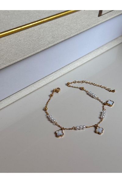 LEROSY CO Gold Color Women's Anklet with Pearl Beaded White Flower Figure