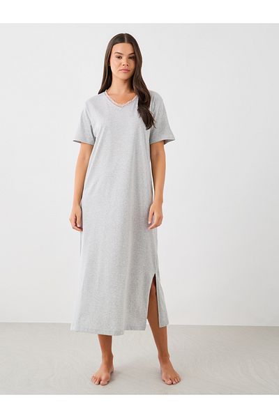 Styli Lace Trim V-Neck Side Slit Nightdress