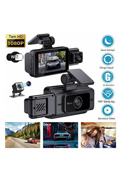 Qifit S15 Wi-Fi Full HD 3 Kameralı Araç İçi Güvenlik Kamerası 64GB IR Gece Gö...