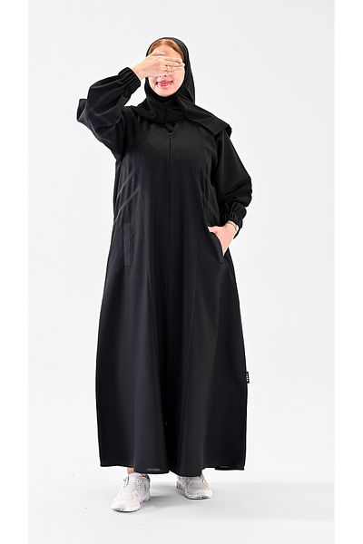 Toga Black sports abaya with ruffled sleeves and side pockets with hidden zipper