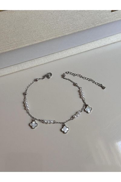 LEROSY CO Silver Color Women's Anklet with Pearl Beaded White Flower Figure