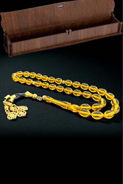 renery Çay Fosilli Toz Kehribar Tesbih Hediyelik Ahşap Kutulu Kehribar Tespih