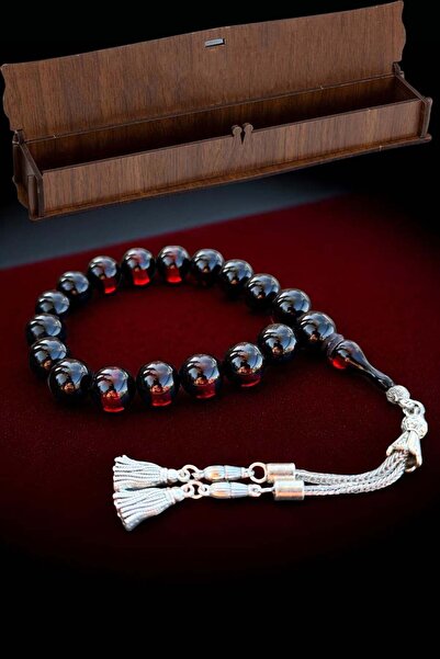 renery Efe Boy Kan Kırmızı Sürmeli Toz Kehribar Tesbih, Hediyelik Ahşap Kutul...