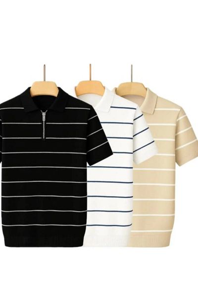 LC Waikiki 3-Piece Premium Quality Style New Model Knitwear Men's Striped Zippered Summer Flexible T-Shirt.