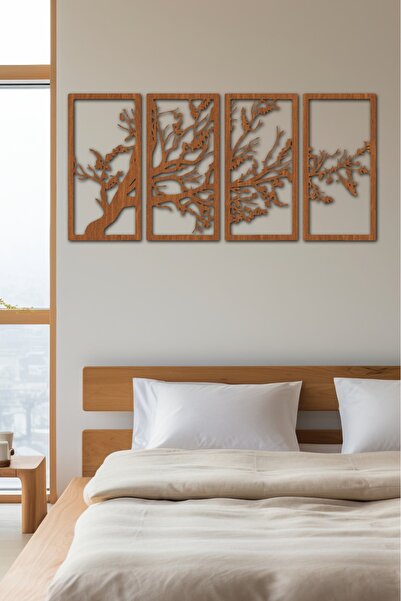 Olur o zaman (4'lü) Son Bahar Hayat Ağacı Lazer Kesim Dekoratif Tablo Ceviz Renk