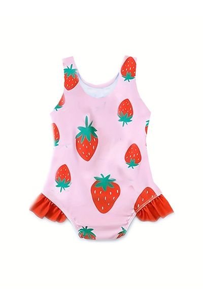 darko Strawberry Swimsuit Pink Red Strawberry Patterned Girl's Swimsuit Baby Girl Fruity Ruffled Cool
