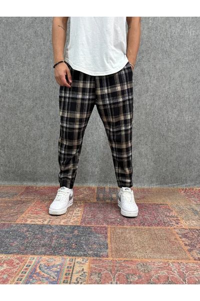 FıttingRoom Plaid Baggy Trousers with Elastic Waist