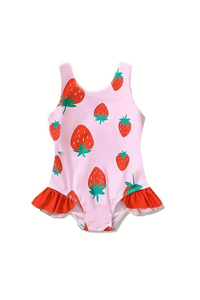 darko Strawberry Swimsuit Pink Red Strawberry Patterned Girl's Swimsuit Baby Girl Fruity Ruffled Cool