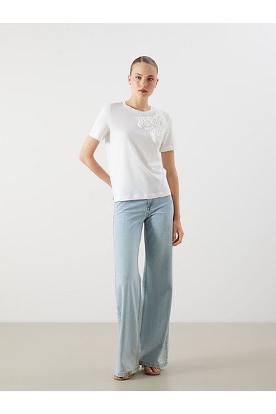 LC Waikiki Ecru Crew Neck Rose Embroidered Women's T-Shirt