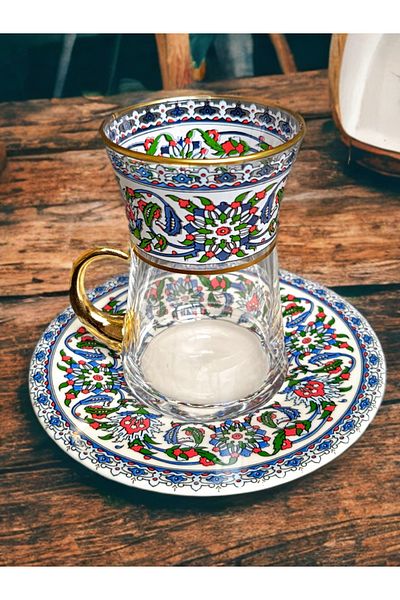SAMSA Metal Gold-Plated Handle Tile Motif Model Glass Cup Porcelain Plate 6-Person Tea Set
