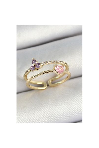 Skygo Gold Color Adjustable Women's Ring with Brass Heart and Flower Figure Zircon Stone - Tj-Byk3774