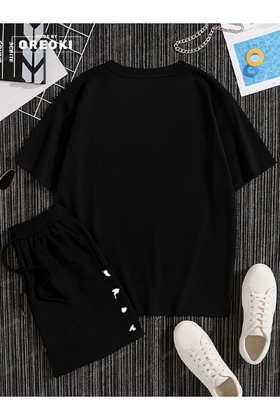 EFFRENATU Small King \ Queen Printed Cotton Unisex Black T-Shirt-Black Shorts Set