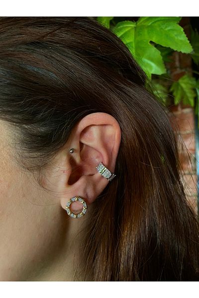 Fulmin Steel Cartilage Earring with Diamonds in Gold Color
