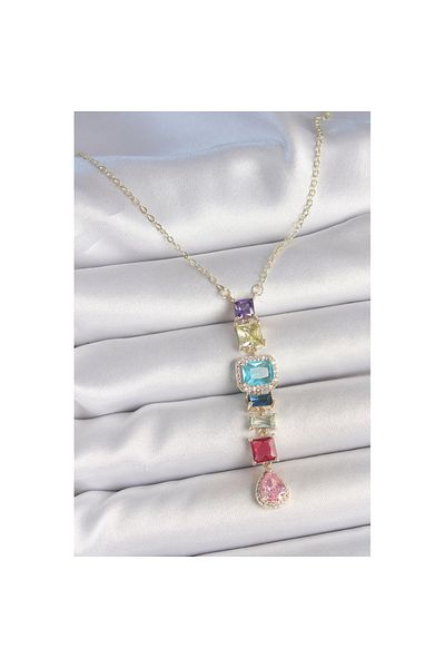 Skygo Gold Mixed Color Zircon Stone Y Brass Necklace - Tj-Bko10225