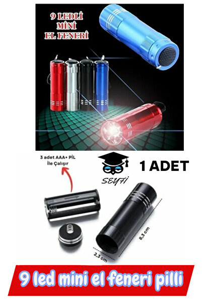 SEYFİKİRTASİYE 9 led mini el feneri pilli 1 adet karışık renk yollanmaktadır
