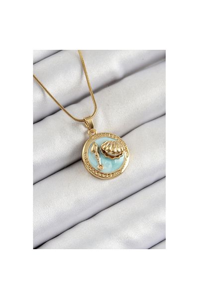 Skygo 316L Steel Chain Turquoise Enamel Artistic Portrait Oyster Model Gold Color Women's Necklace - Tj-Bko10269