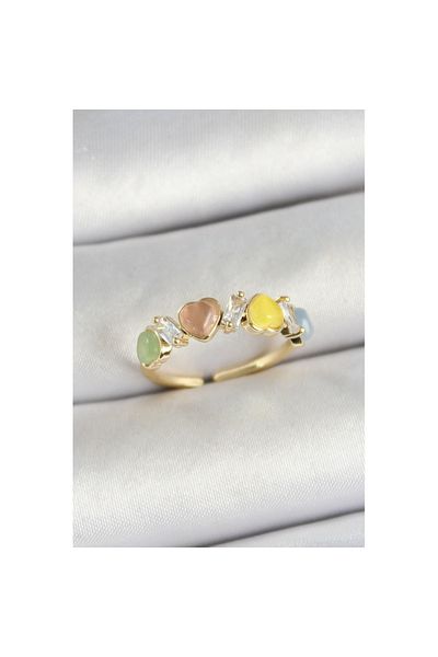 Skygo Brass Row Heart Figured Zircon Stone Gold Color Adjustable Women's Ring - Tj-Byk3754