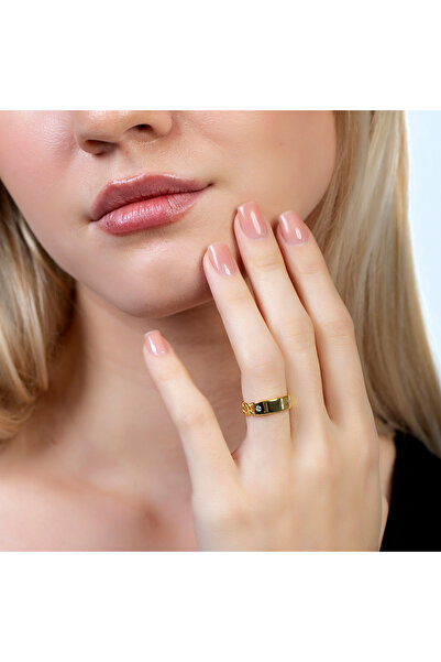 Tesbihane Zincir Tasarım Altın Renk Ayarlanabilir Ölçü İsme Özel Harf Yazılı 925 Ayar Gümüş Kadın Tektaş Yüzük