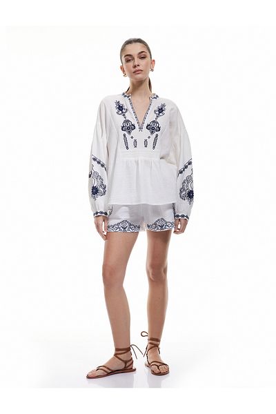 Koton New Season Cotton Pocket Ethnic Patterned Embroidered High Waist Muslin Shorts