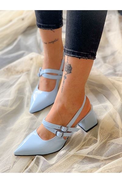 BERFONA Veroni̇ka Baby Blue Patent Leather Strappy Buckle 5 cm Heeled Sandals