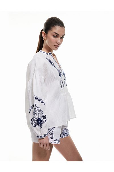Koton New Season Cotton Pocket Ethnic Patterned Embroidered High Waist Muslin Shorts