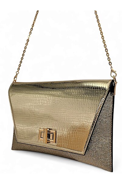 Evident Gold Small Crocodile Pattern Cover Lock Detailed Women's Portfolio & Clutch Bag