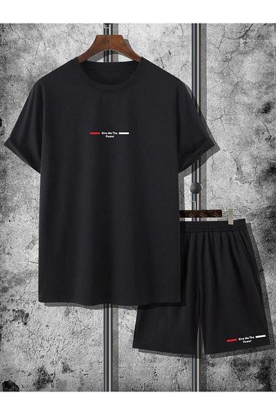 Mythologie Give Me Power T-Shirt Combed Cotton Shorts - Black Shorts T-Shirt Team Printed Oversize Crew Neck