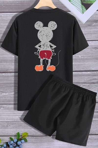 Mythologie Back Mickey T-Shirt Combed Cotton Shorts - Black Shorts T-Shirt Set Printed Oversize Crew Neck