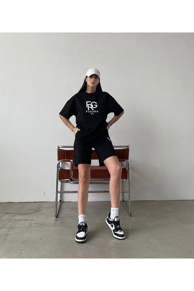 Mythologie Figura T-Shirt Combed Cotton Shorts - Black Shorts T-Shirt Suit Printed Oversize Crew Neck