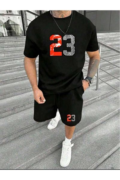 Mythologie Number 23 T-Shirt Combed Cotton Shorts - Black Shorts T-Shirt Set Printed Oversize Crew Neck