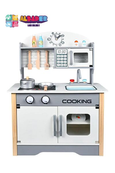 ALBADER Play Kitchen, Real Wooden Kitchen Set for Kids with Microwave, Wooden Play Kitchen